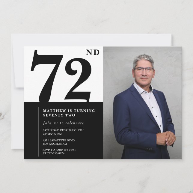 Convite de Aniversário de 72 Anos Preto e Branco c (Frente)