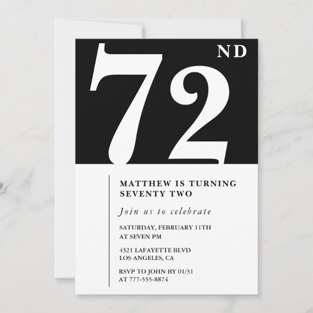 Convite de aniversário de 72 anos preto e branco e (Frente)