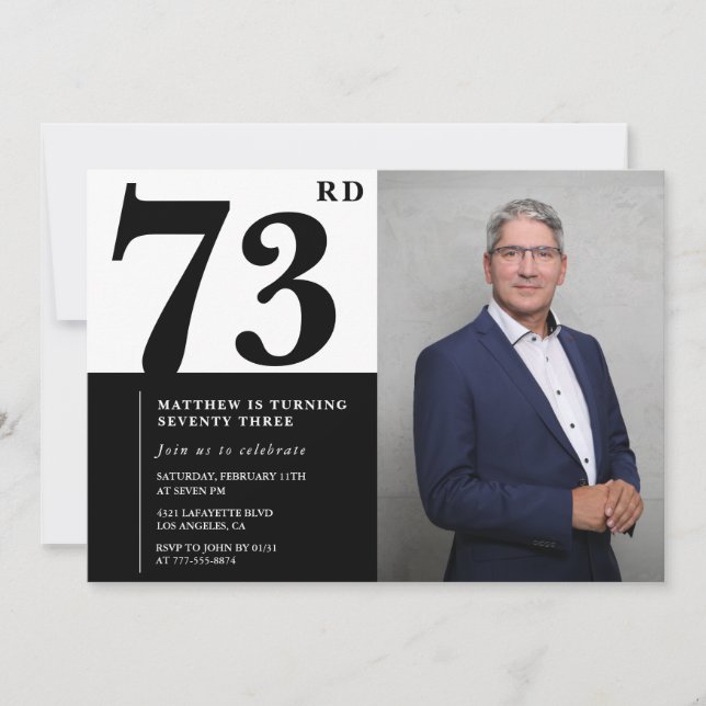 Convite de Aniversário de 73 Anos Preto e Branco c (Frente)