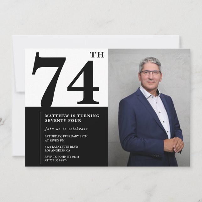 Convite de Aniversário de 74 anos Preto e Branco c (Frente)