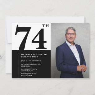 Convite de Aniversário de 74 anos Preto e Branco c