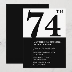 Convite de aniversário de 74 anos preto e branco C