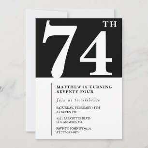 Convite de aniversário de 74 anos preto e branco e