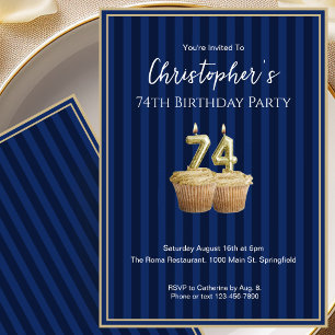 Convite de Aniversário de 74 anos Único Azul Doura