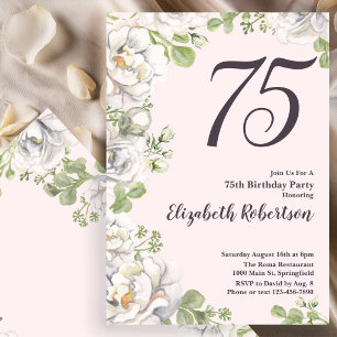 Convite de Aniversário de 75 anos Blush Pink Flora