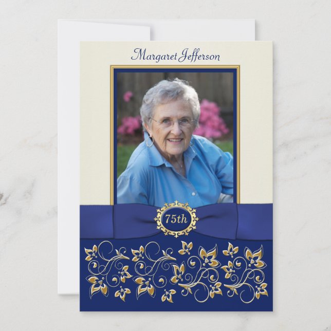 Convite de Aniversário de 75 anos em Foto com Azul (Frente)