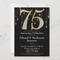 Convite de Aniversário de 75 Anos Preto Dourado Di