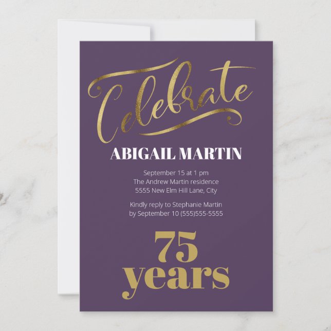 Convite de Aniversário de 75 Anos Roxo Dourado Bra (Frente)