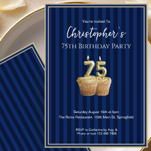 Convite de Aniversário de 75 Anos Único Azul Doura