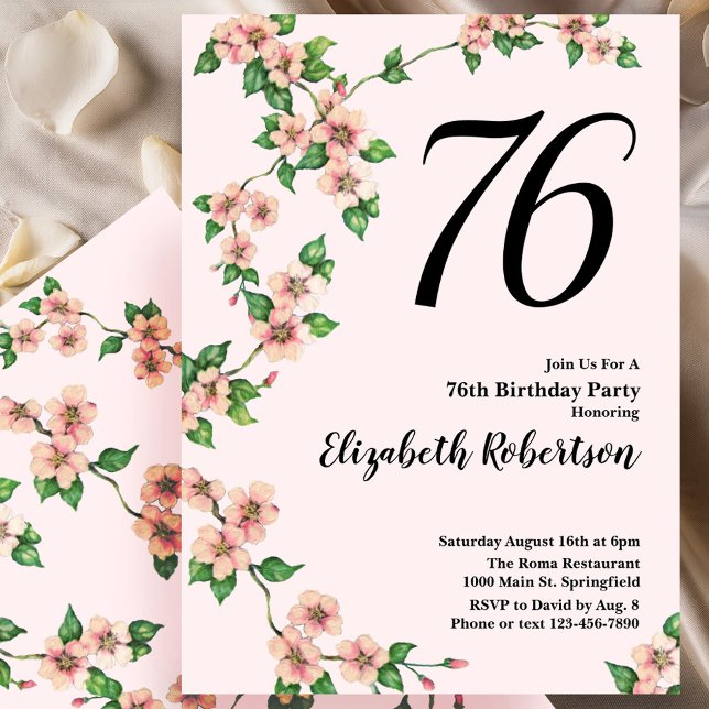 Convite de Aniversário de 76 anos Floral em Rosa B (Criador carregado)
