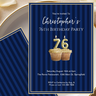 Convite de Aniversário de 76 Anos Único Azul Doura