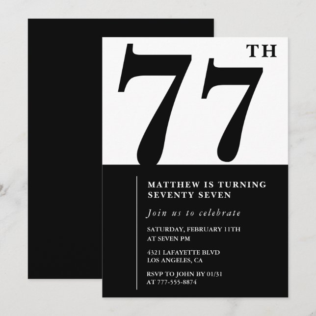 Convite de aniversário de 77 anos Chic Preto e Bra (Frente/Verso)