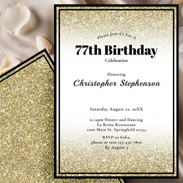 Convite de Aniversário de 77 anos em Preto e Doura (Criador carregado)