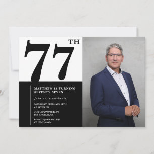 Convite de Aniversário de 77 anos Preto e Branco c