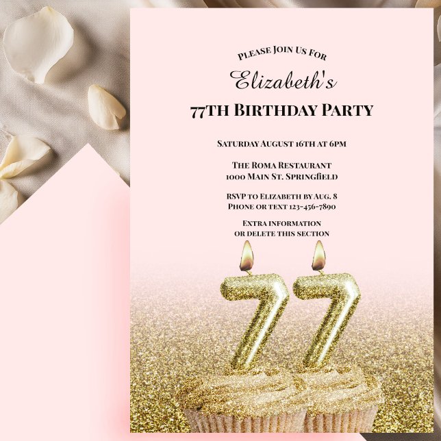 Convite de Aniversário de 77 Anos Rosa e Dourado P (Criador carregado)