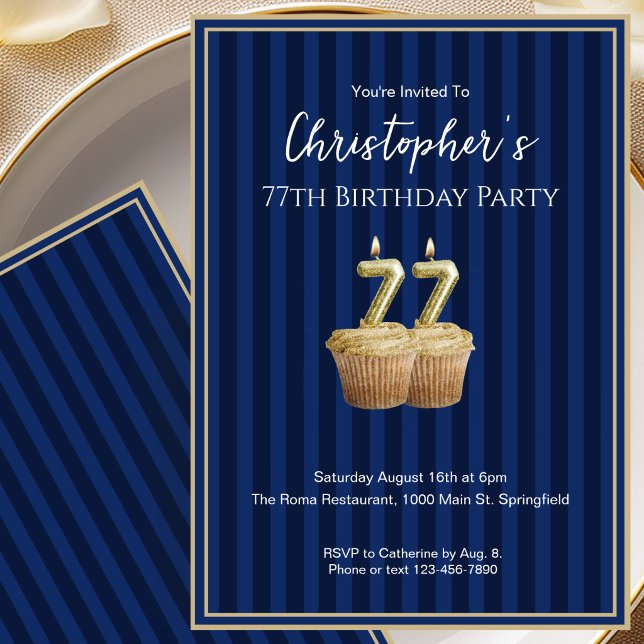 Convite de Aniversário de 77 Anos Único Azul Doura (Criador carregado)