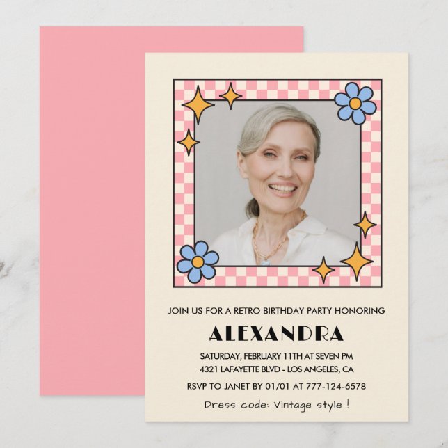 Convite de aniversário de 78 anos com foto floral  (Frente/Verso)