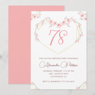 Convite de Aniversário de 78 anos Pink Watercolor