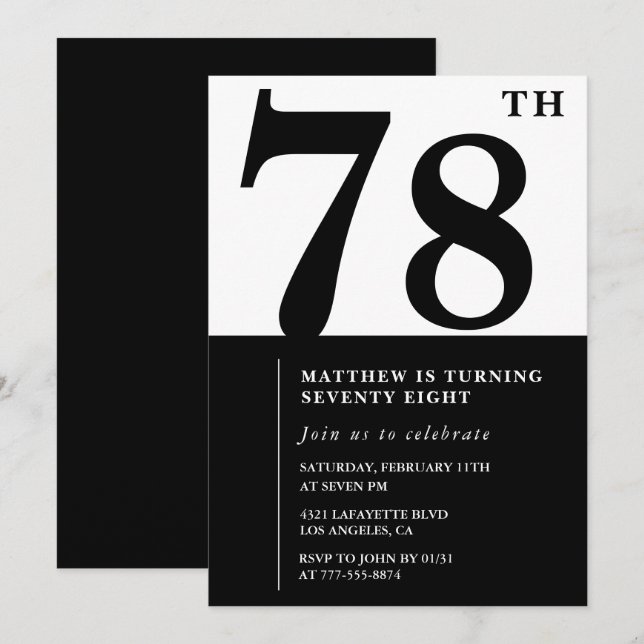 Convite de aniversário de 78 anos preto e branco C (Frente/Verso)