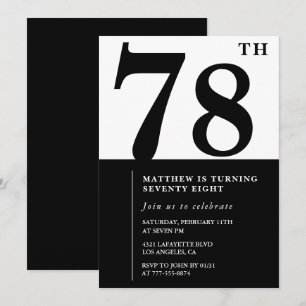 Convite de aniversário de 78 anos preto e branco C
