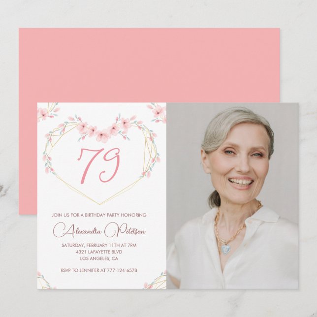 Convite de aniversário de 79 anos com foto floral  (Frente/Verso)