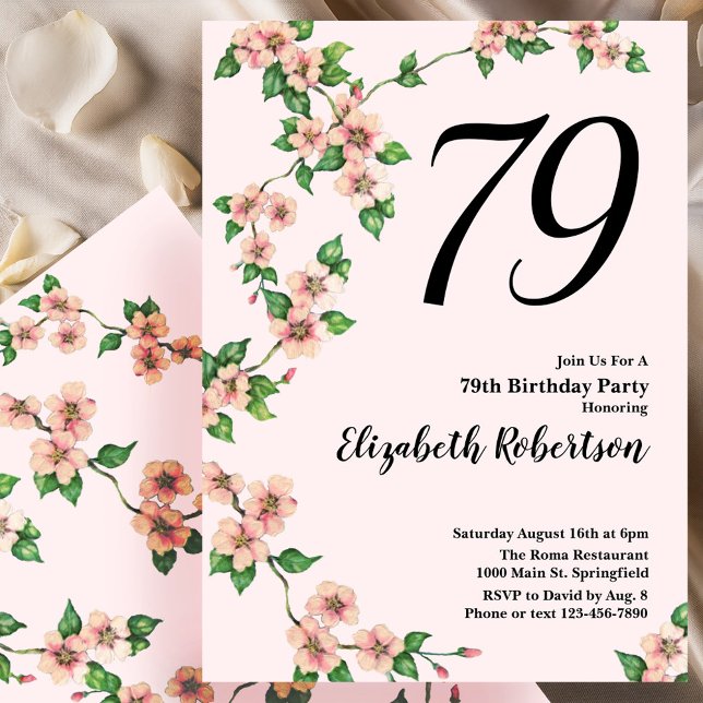Convite de aniversário de 79 anos floral em rosa b (Criador carregado)