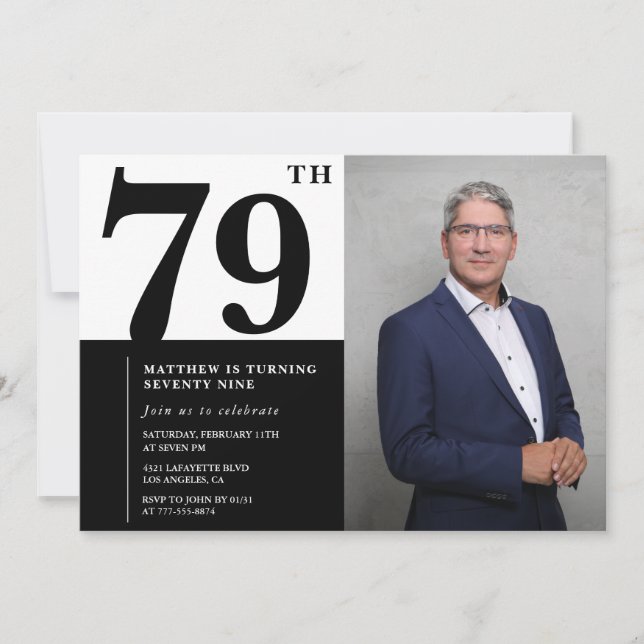 Convite de Aniversário de 79 Anos Preto e Branco c (Frente)