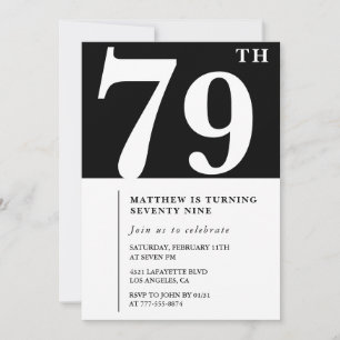 Convite de aniversário de 79 anos preto e branco e