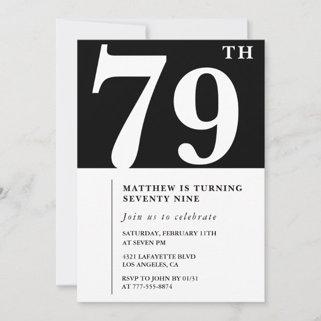 Convite de aniversário de 79 anos preto e branco e (Frente)