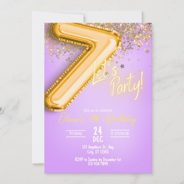 Convite de Aniversário de 7 anos com Brilho Roxo (Frente)
