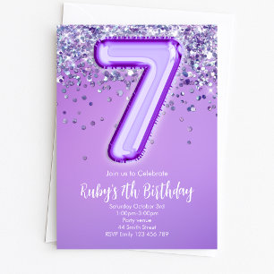Convite de Aniversário de 7 anos com Brilho Roxo