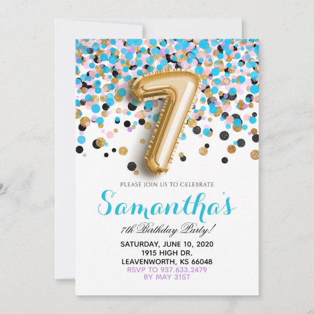 Convite de Aniversário de 7 anos com Confetes (Frente)