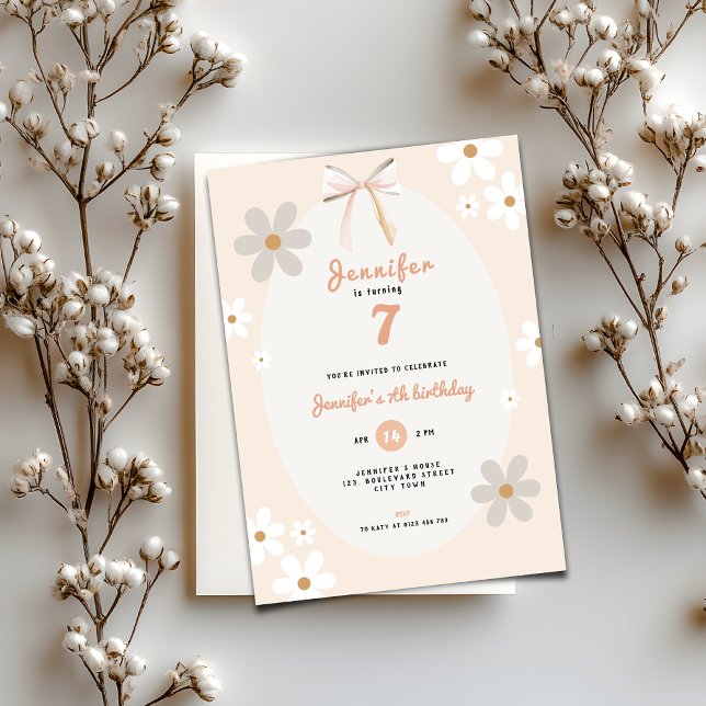 Convite de Aniversário de 7 Anos Flor Daisy para M (Floral Daisy 7th birthday invitation for girls)
