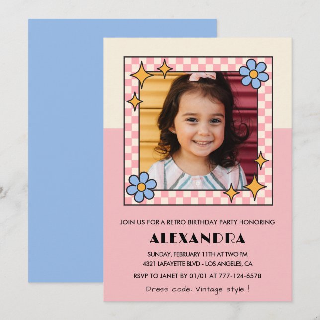 convite de aniversário de 7 anos Flores Cor-de-Ros (Frente/Verso)