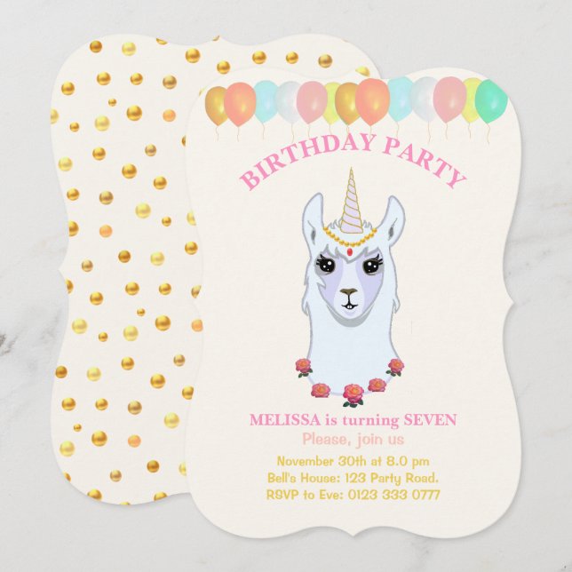 Convite de Aniversário de 7 anos Llama-corn (Frente/Verso)