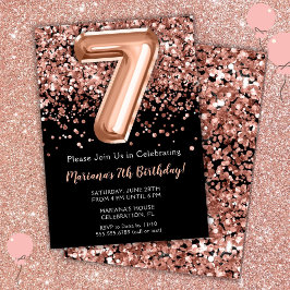 Convite de Aniversário de 7 anos Preto Rosa Dourad