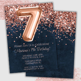 Convite de Aniversário de 7 Anos Rose Gold Azul Na