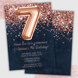 Convite de Aniversário de 7 Anos Rose Gold Azul Na