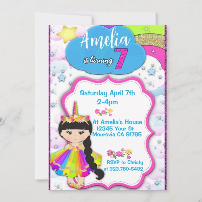 Convite de aniversário de 7 de meninas Unicorn (Frente)