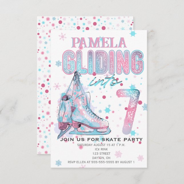Convite de aniversário de 7 de patinação (Frente/Verso)
