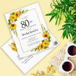 Convite de aniversário de 80<br><div class="desc">Cartão de aniversário de 80 floral amarelo bonito. Peônias amarelas e margaridas brancas se misturam com os girassóis. Um quadro retangular de ouro lhe dá uma vibração elegante. Muito fácil de personalizar. As costas têm um buquê de girassol. Isto é perfeito para uma celebração de aniversário de verão. Este item...</div>