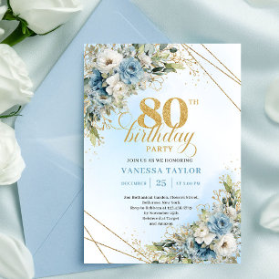 Convite de aniversário de 80 anos Boho azul branco
