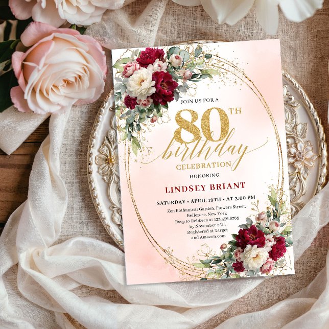 Convite de Aniversário de 80 Anos Boho Burgundy Bl (Boho Burgundy Blush Floral 80th Birthday Invitation)
