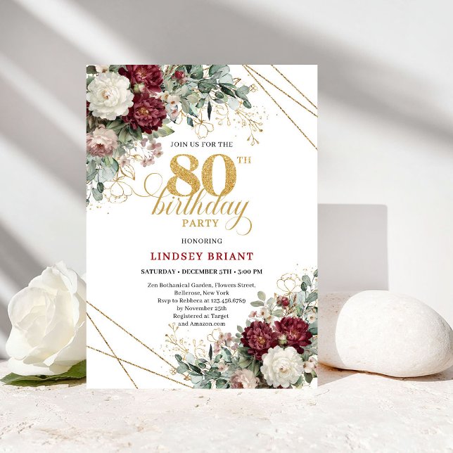 Convite de Aniversário de 80 anos Boho Burgundy Fl (Boho Burgundy Floral 80th Birthday)