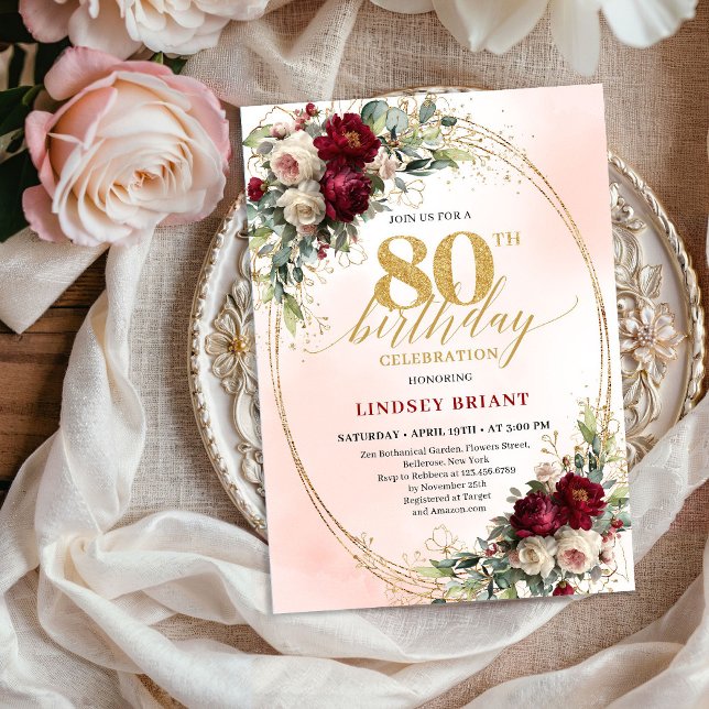 Convite de Aniversário de 80 Anos Boho com Moldura (Elegant Gold Frame Boho 80th Birthday Invitation)
