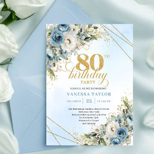Convite de Aniversário de 80 anos Boho Dusty Blue