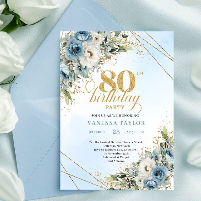 Convite de Aniversário de 80 anos Boho Dusty Blue  (Boho Dusty Blue Floral Gold 80th Birthday Invitation XL

)