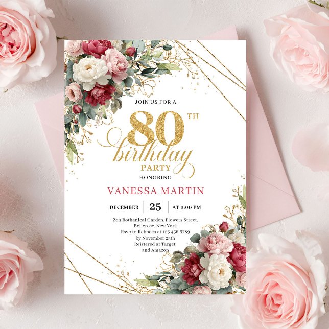 Convite de Aniversário de 80 anos Boho Vermelho Br (Boho Red White Greenery 80th Birthday Invite)