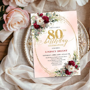 Convite de Aniversário de 80 Anos Chic Burgundy Bl