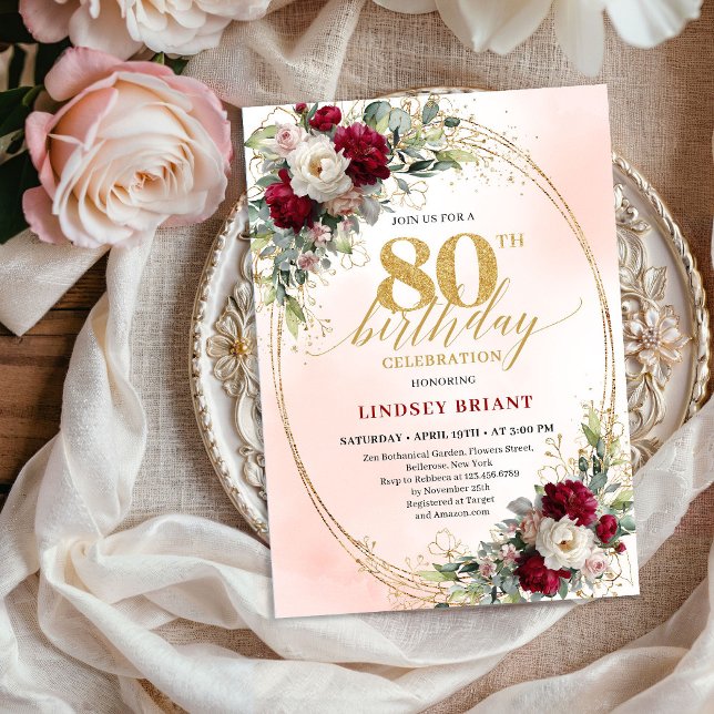 Convite de Aniversário de 80 Anos Chic Burgundy Bl (Chic Burgundy Blush Flowers 80th Birthday Invite)